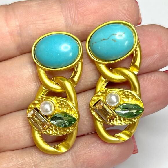 NEW Earrings Chunky Chain Blue Green Gold Dangle Drop O18 - Picture 1 of 4